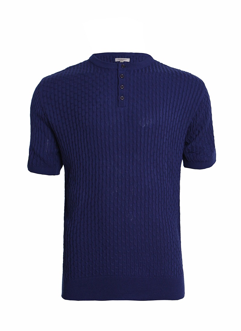 Cable Henley neck half knit (navy)