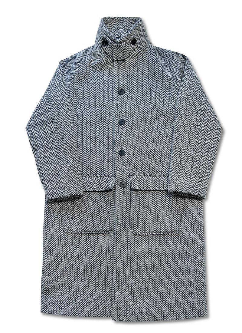 heavy wool herringbone tweed balmacan coat